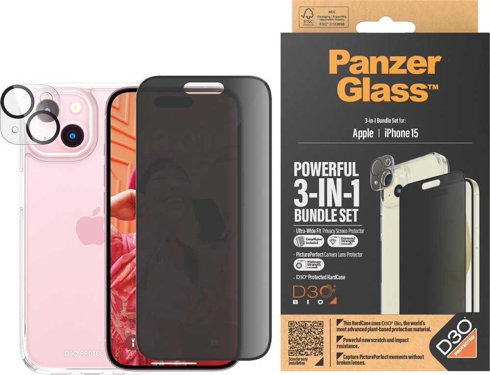 Panzer Glass PanzerGlass Privacy Bundle 3in1 dėklas telefonui skaidrus + privacy glass + kameros apsauga Apple iPhone 15