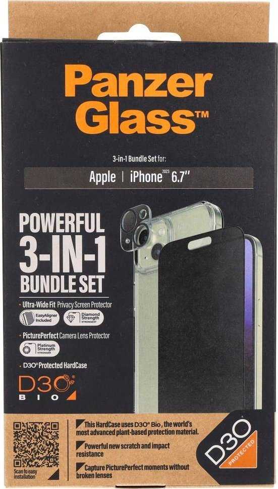 Panzer Glass PanzerGlass Privacy Bundle 3in1 dėklas telefonui skaidrus + Privacy Glass + kameros apsauga Apple iPhone 15 Plus