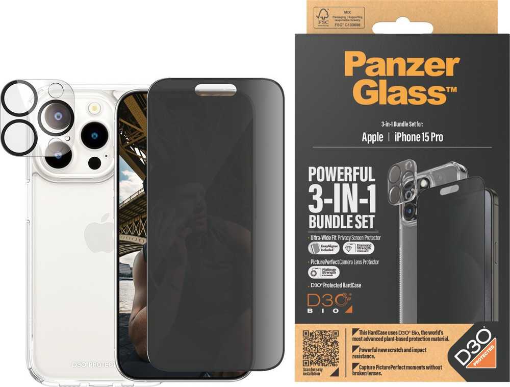 Panzer Glass PanzerGlass Privacy Bundle 3in1 dėklas telefonui skaidrus Case + Privacy Glass + Camera Protector Apple iPhone 15 Pro