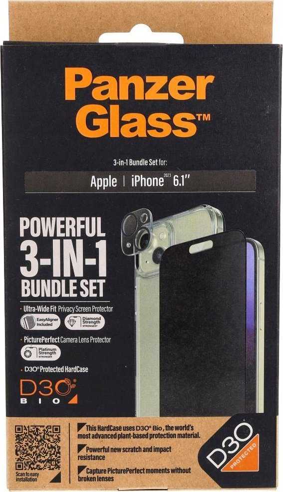 Panzer Glass PanzerGlass Privacy Bundle 3in1 dėklas telefonui skaidrus + privacy glass + kameros apsauga Apple iPhone 15