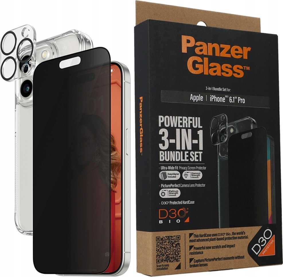 Panzer Glass PanzerGlass Privacy Bundle 3in1 dėklas telefonui skaidrus Case + Privacy Glass + Camera Protector Apple iPhone 15 Pro