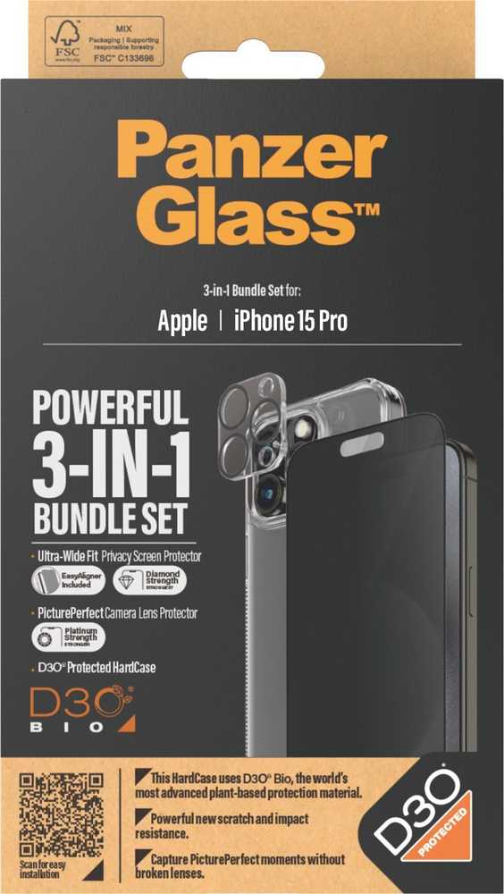Panzer Glass PanzerGlass Privacy Bundle 3in1 dėklas telefonui skaidrus Case + Privacy Glass + Camera Protector Apple iPhone 15 Pro