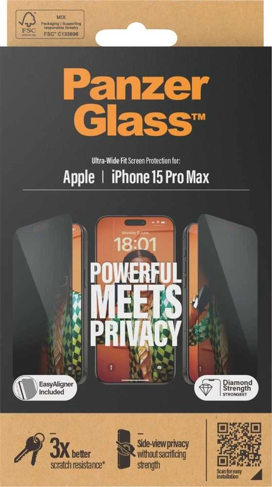 Panzer Glass PanzerGlass | Privatumo ekrano apsauga | Apple | iPhone 15 Pro Max | Grūdintas stiklas | Juodas | Ultra-Wide Fit W. Easyaligner