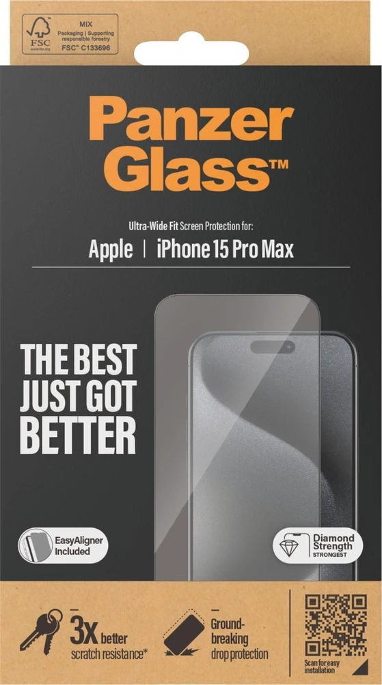 Panzer Glass PanzerGlass | Ekrano apsauga | Apple | IPhone 15 Pro Max | Stiklas | Skaidrus | Itin platus prigludimas, atsparus įbrėžimams, apsauga nuo kritimo, pridedamas „EasyAligner“.