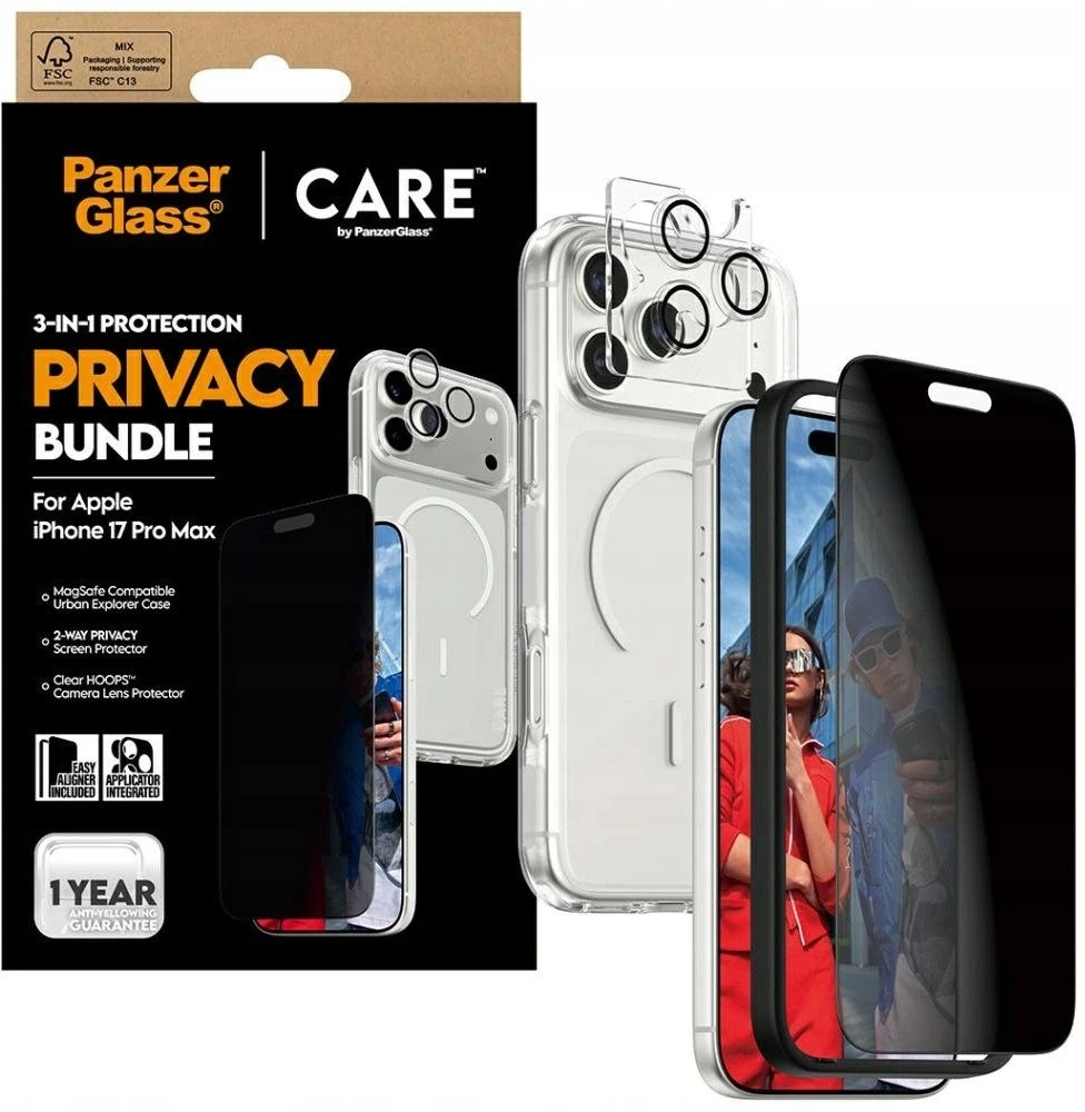 „Panzer Glass CARE by PanzerGlass Flagship Privacy 3in1“ dėklas + privatumo stiklas + lęšis, skirtas „iPhone 17 Pro Max“.