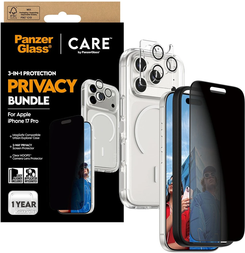 Panzer Glass „CARE by PanzerGlass“ flagmaninis „Privacy 3-in-1“ dėklas + privatumo stiklas + objektyvas, skirtas „iPhone 17 Pro“