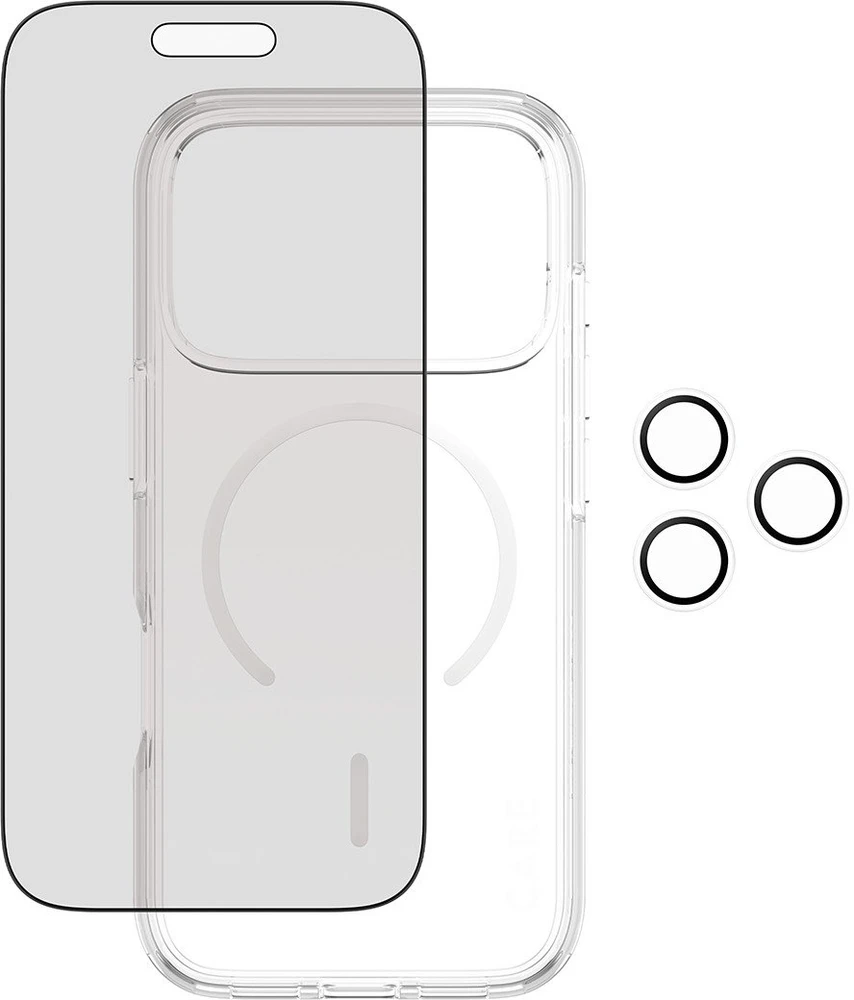 Panzer Glass „CARE by PanzerGlass“ flagmaninis „Privacy 3-in-1“ dėklas + privatumo stiklas + objektyvas, skirtas „iPhone 17 Pro“