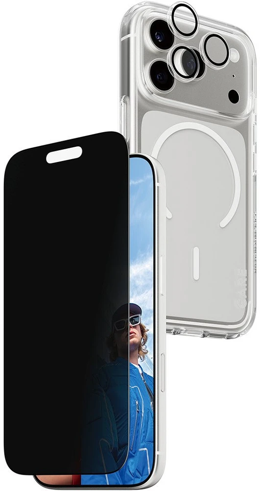 Panzer Glass „CARE by PanzerGlass“ flagmaninis „Privacy 3-in-1“ dėklas + privatumo stiklas + objektyvas, skirtas „iPhone 17 Pro“