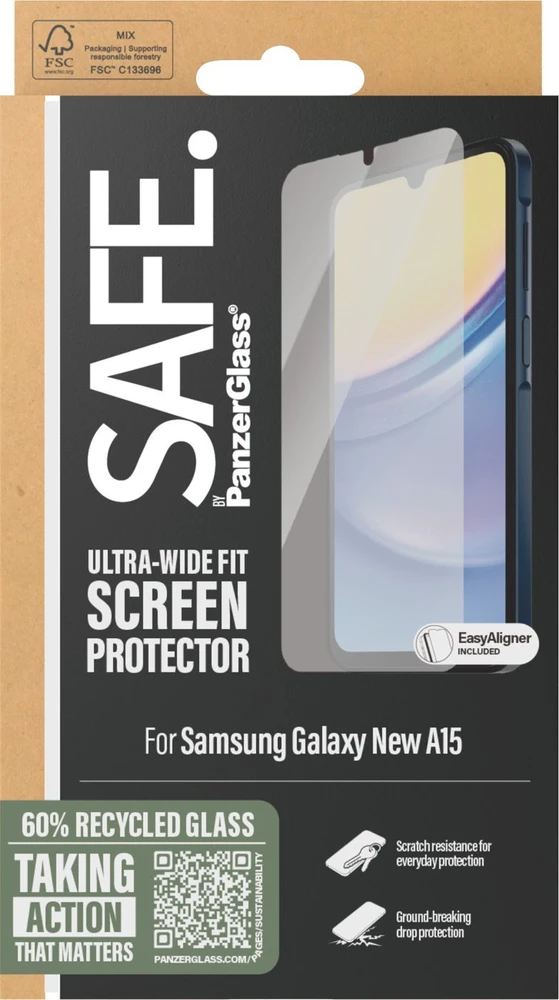 Panzer Glass SAFE iš PanzerGlass Ultra-Wide Fit grūdintas stiklas, skirtas Samsung Galaxy A16 / A16 5G