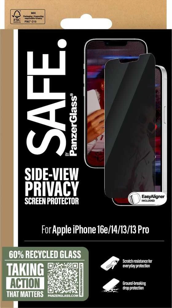 „Panzer Glass SAFE by PanzerGlass“ itin plataus diametro privatumo stiklas, skirtas „iPhone 16e/14/13/13 Pro“