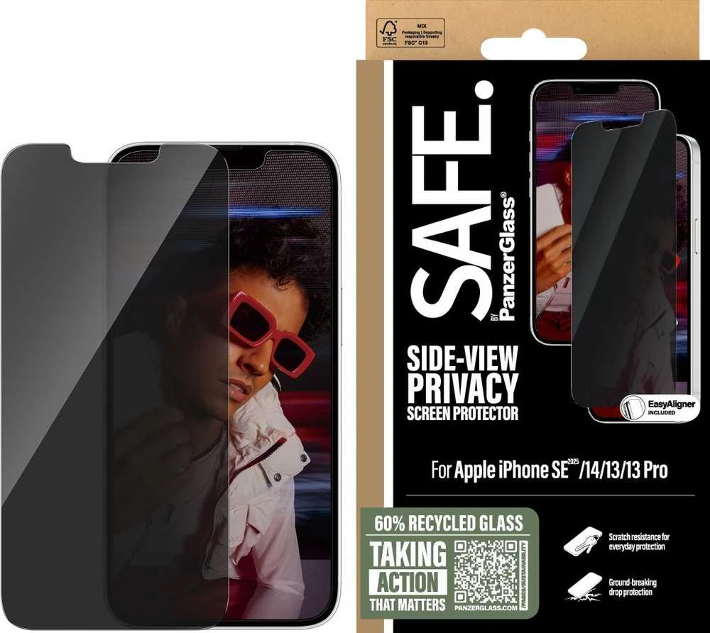 „Panzer Glass SAFE by PanzerGlass“ itin plataus diametro privatumo stiklas, skirtas „iPhone 16e/14/13/13 Pro“