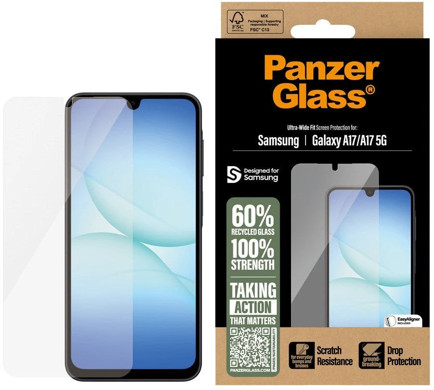 Panzer Glass „PanzerGlass“ itin plataus diagonalo grūdintas stiklas „EasyAligner“, skirtas „Samsung Galaxy A17 / A17 5G“.
