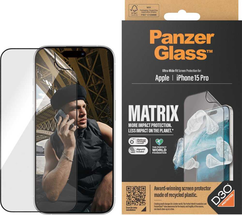 Panzer Glass PanzerGlass™ MATRIX ekrano apsauga su D3O iPhone 15 Pro | Itin platus pritaikymas w. AlignerKit