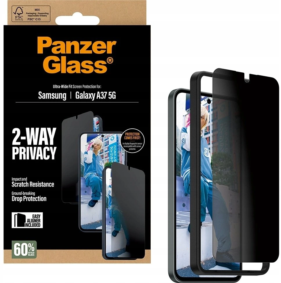 „Panzer Glass“ itin plataus profilio „PanzerGlass“ privatumo stiklas, skirtas „Samsung Galaxy A37 5G“.