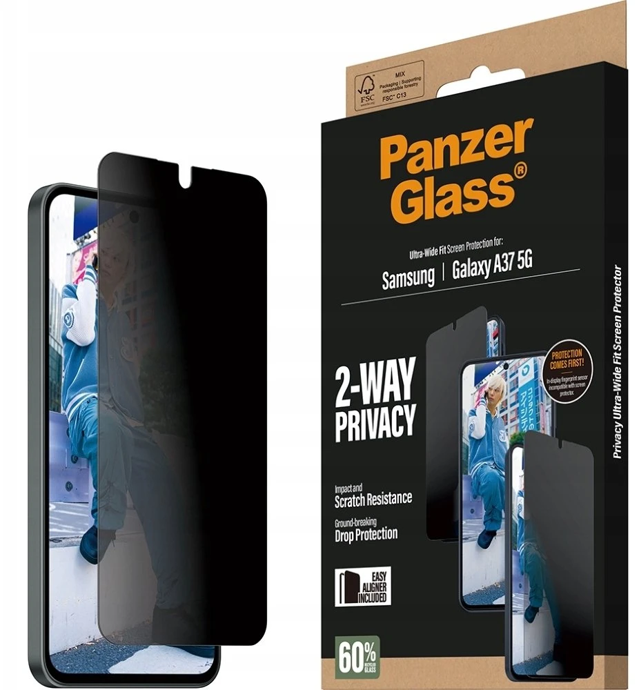 „Panzer Glass“ itin plataus profilio „PanzerGlass“ privatumo stiklas, skirtas „Samsung Galaxy A37 5G“.