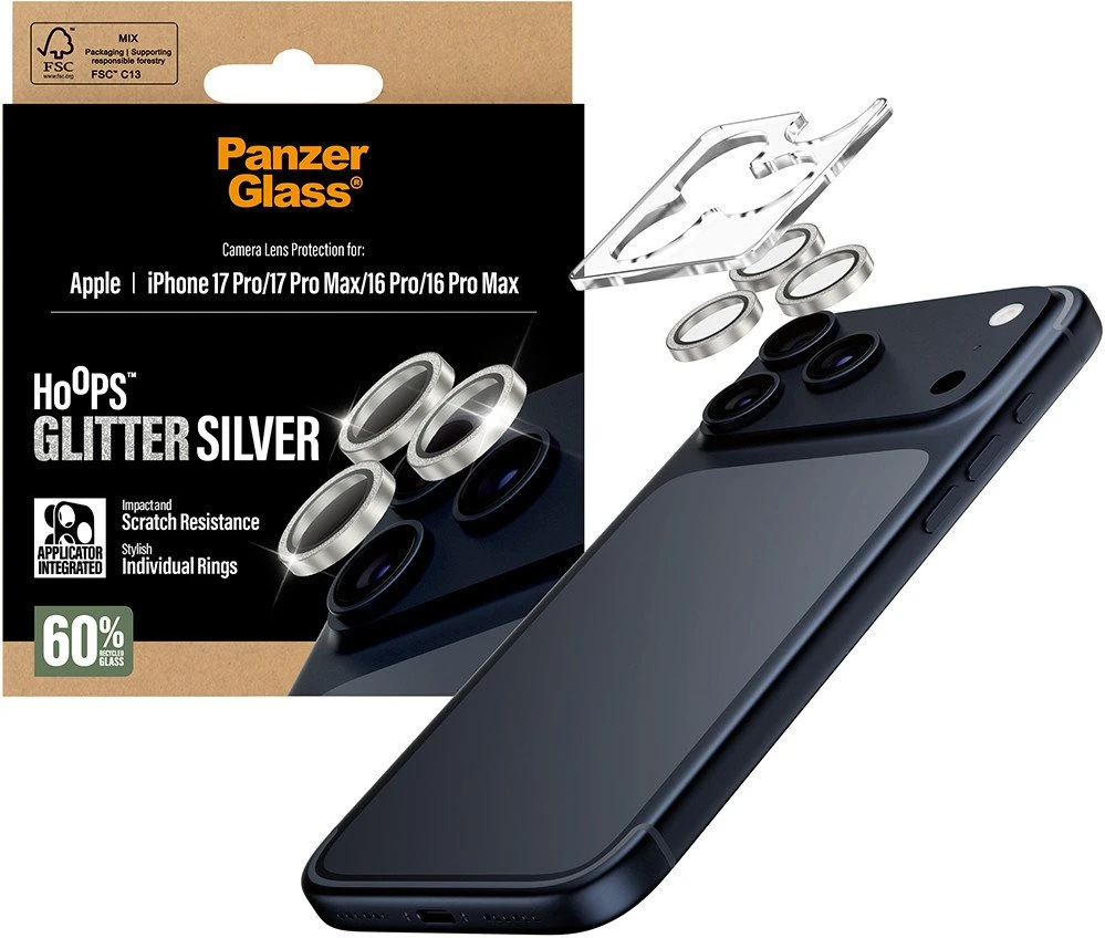 „Panzer Glass PanzerGlass“ grūdinto stiklo objektyvo apsauga su blizgučiais, skirta „iPhone 17 Pro / 17 Pro Max / 16 Pro“.