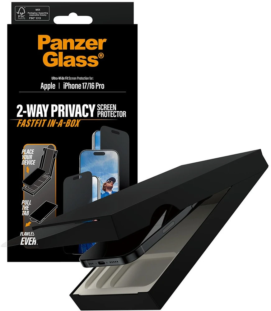 „Panzer Glass“ itin plataus pritaikymo „Fastfit“ privatumo stiklas, skirtas „iPhone 17 / 16 Pro“