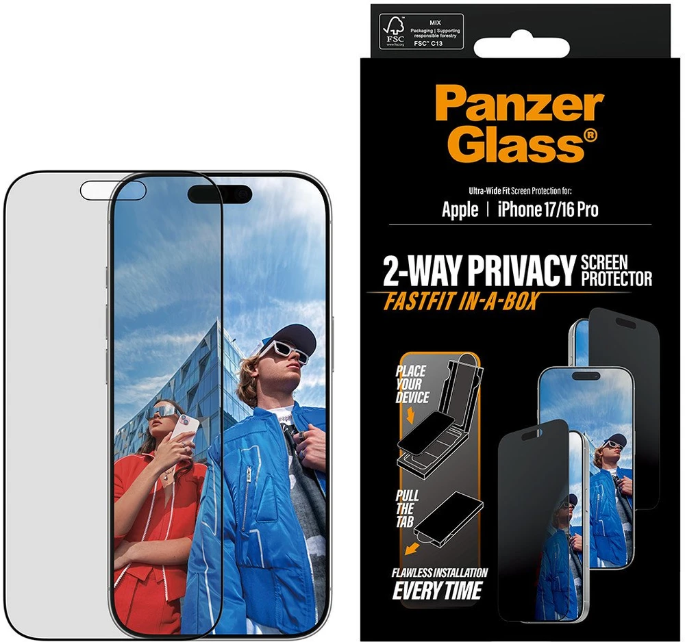 „Panzer Glass“ itin plataus pritaikymo „Fastfit“ privatumo stiklas, skirtas „iPhone 17 / 16 Pro“