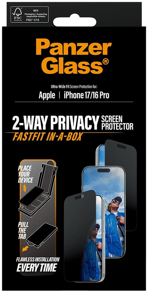 „Panzer Glass“ itin plataus pritaikymo „Fastfit“ privatumo stiklas, skirtas „iPhone 17 / 16 Pro“