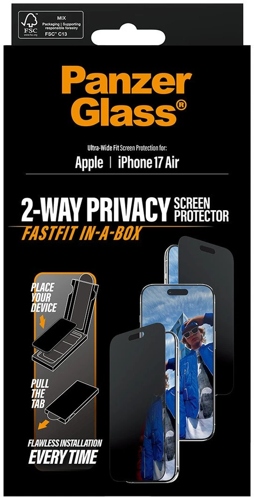 „Panzer Glass“ itin plataus užsegimo „Fastfit“ privatumo stiklas, skirtas „iPhone Air“.