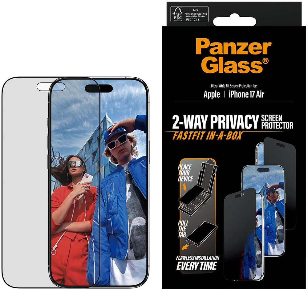 „Panzer Glass“ itin plataus užsegimo „Fastfit“ privatumo stiklas, skirtas „iPhone Air“.