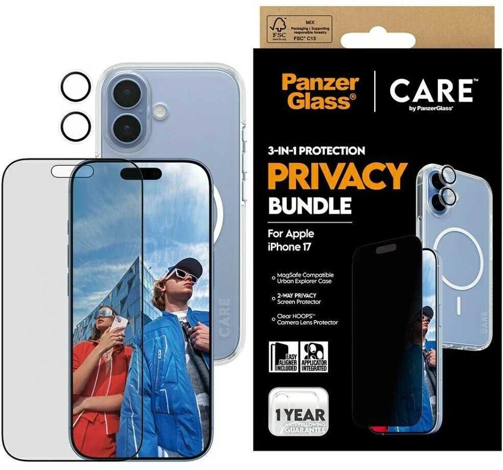 Panzer Glass „CARE by PanzerGlass“ flagmaninis „Privacy 3-in-1“ dėklas + privatumo stiklas + objektyvas, skirtas „iPhone 17“