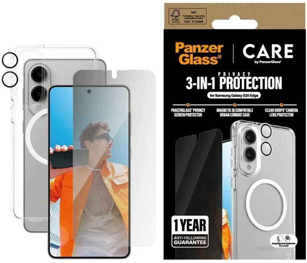 Panzer Glass Apsauginis rinkinys CARE by PanzerGlass Flagship 3in1 Dėklas+Apsauginis stiklas su privatumo filtru+Kameros lešio apsauga skirta Samsung Galaxy S25 Edge