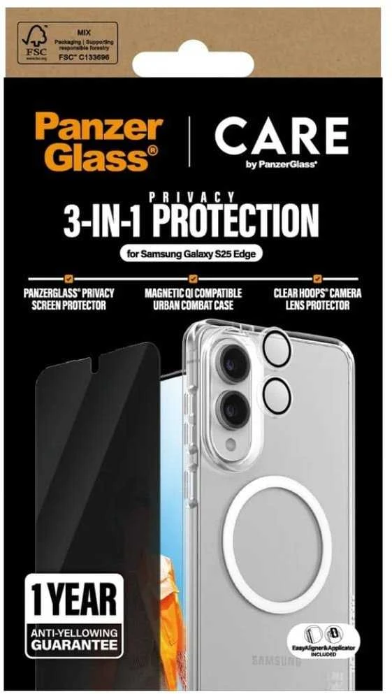 Panzer Glass Apsauginis rinkinys CARE by PanzerGlass Flagship 3in1 Dėklas+Apsauginis stiklas su privatumo filtru+Kameros lešio apsauga skirta Samsung Galaxy S25 Edge