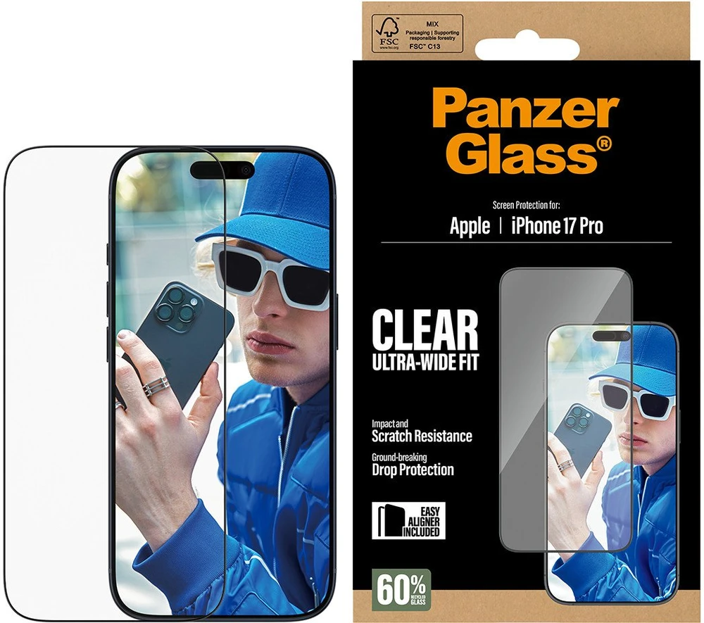 „Panzer Glass PanzerGlass“ ekrano apsauga | „Apple“ | „iPhone 17 Pro“ | Stiklas | Skaidrus | Itin plataus kampo su „EasyAligner“