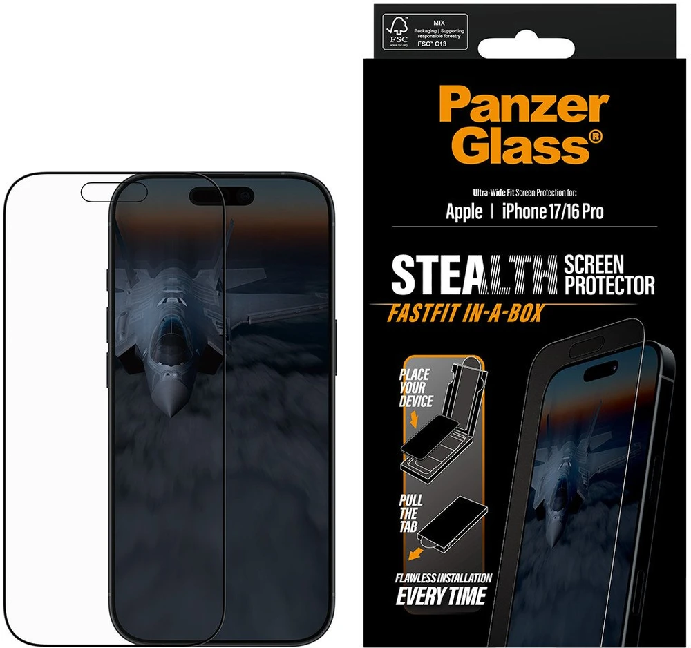Panzer Glass Grūdintas stiklas PanzerGlass Stealth Ultra-Wide Fit Fastfit do iPhone 17 / 16 Pro