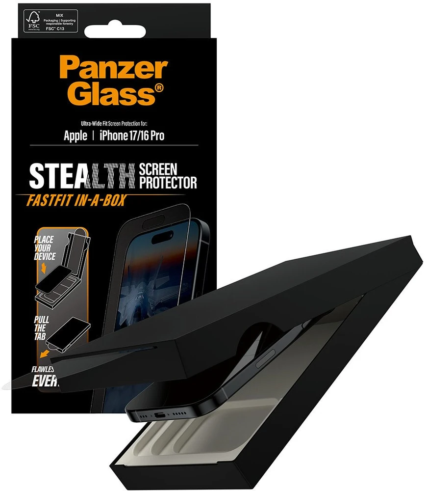 Panzer Glass Grūdintas stiklas PanzerGlass Stealth Ultra-Wide Fit Fastfit do iPhone 17 / 16 Pro