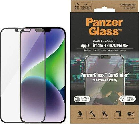 Panzer Glass PanzerGlass | CamSlider | Apple | iPhone 14 Plus/13 Pro Max | Grūdintas stiklas | Išvalyti | Apsaugo visą ekraną; 100% prisilietimas; Lengva montuoti | Ekrano apsauga