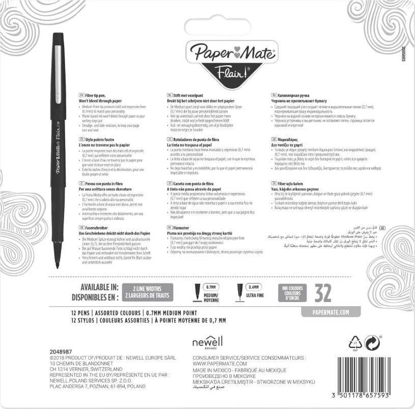 Papermate „Flair“, vidutinis, 12 spalvų, daugiaspalvis, 0,7 mm, daugiaspalvis, vandens pagrindo rašalas