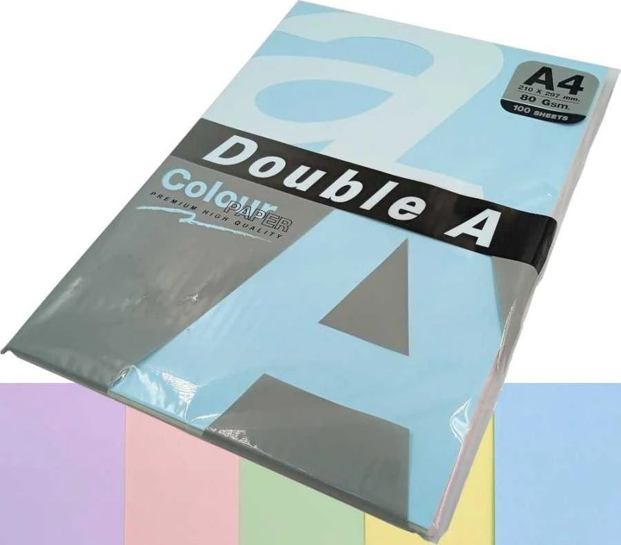 Spalvotas popierius RAINBOW 3, Double A, A4, 80gsm, 100 lapų, 5 pastelinės sp.