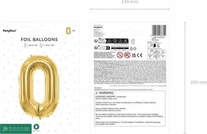 Party Deco Balionas folinis skaičius 0 auksinis 72cm