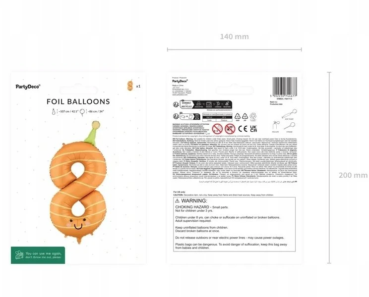 Oranžinis skaičiaus 8 folinis balionas pakuotėje
