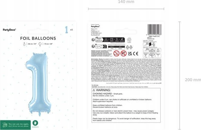 Party Deco Balionas folinis skaičius 1 melsvas 72cm