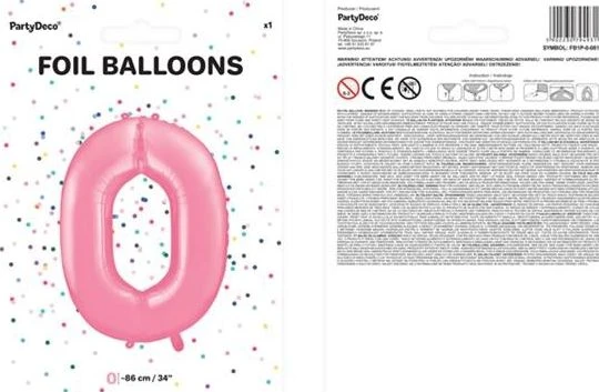 PartyDeco Folinis balionas "0" rožinis, 86 cm