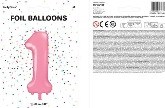 PartyDeco Folinis balionas "1" rožinis, 86 cm