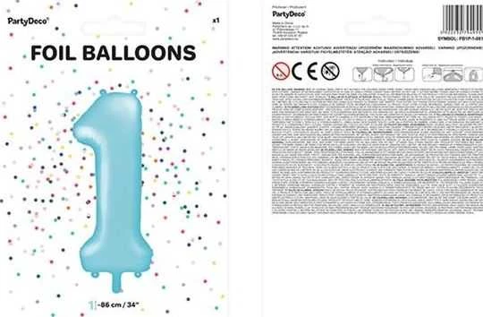 PartyDeco Folinis balionas "1" melsvas, 86 cm