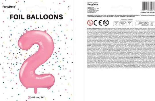 PartyDeco Folinis balionas "2" rožinis, 86 cm