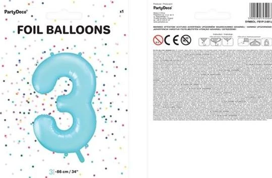 Party Deco PartyDeco Folinis balionas "3" melsvas, 86 cm