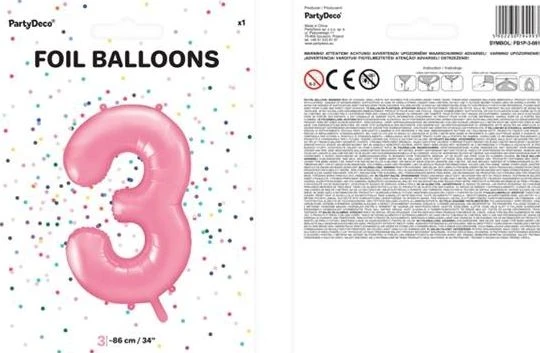 Party Deco PartyDeco Folinis balionas "3" rožinis, 86 cm