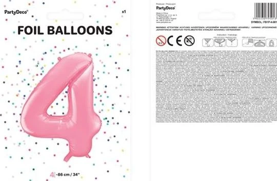 PartyDeco Folinis balionas "4" rožinis, 86 cm
