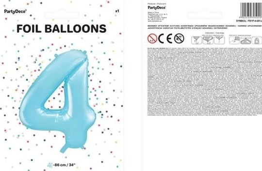 Party Deco PartyDeco Folinis balionas "4" melsvas, 86 cm