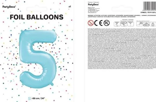 PartyDeco Folinis balionas "5" melsvas, 86 cm