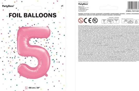 PartyDeco Folinis balionas "5" rožinis, 86 cm