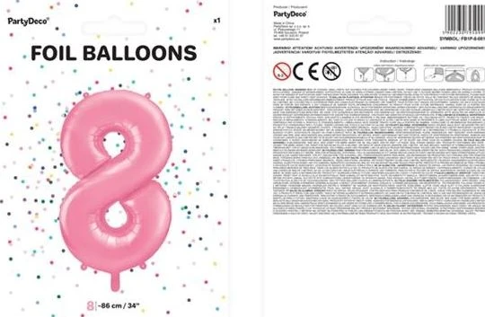 PartyDeco Folinis balionas "8" rožinis, 86 cm