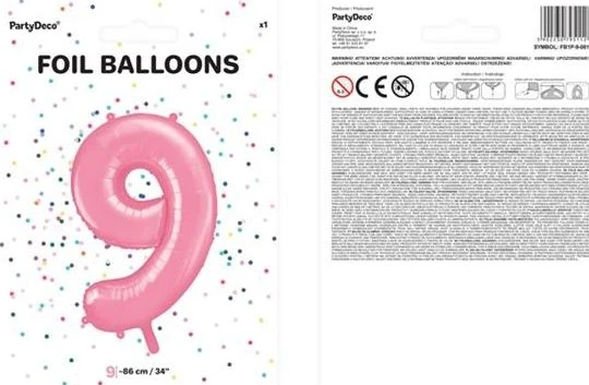 Party Deco PartyDeco Folinis balionas "9" rožinis, 86 cm