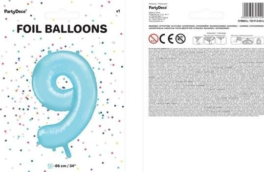 Party Deco PartyDeco Folinis balionas "9" melsvas, 86 cm